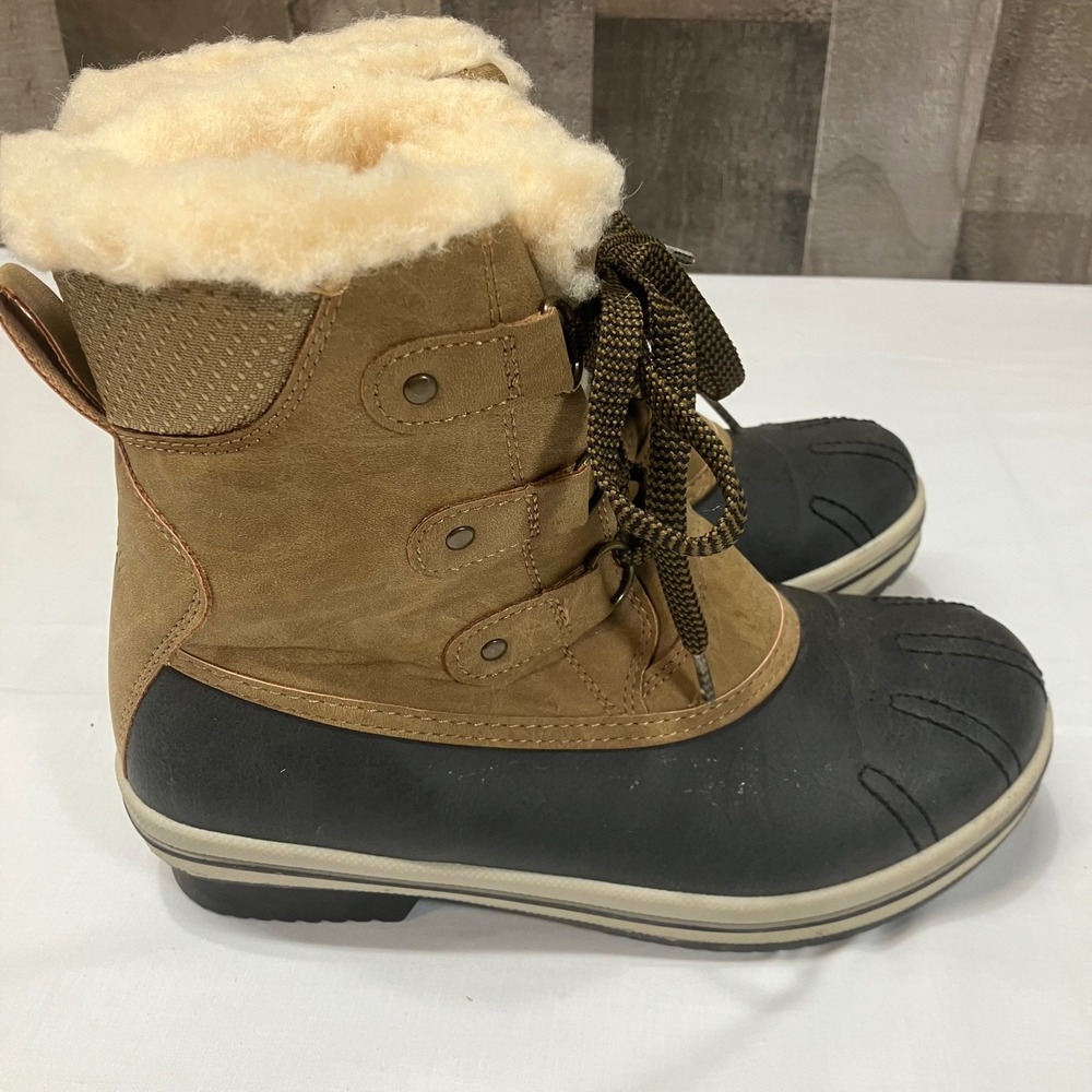 Pawz Womens Ginnie Womens 7 Duck Boots Tan Black Faux Fur Lined Lace Up